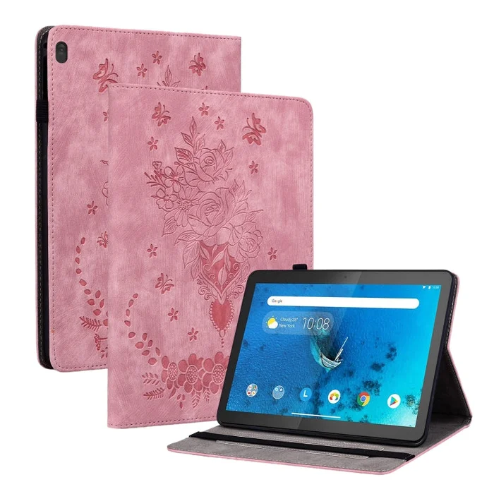 For Lenovo M10 Butterfly Rose Embossed Leather Tablet Case(Pink)