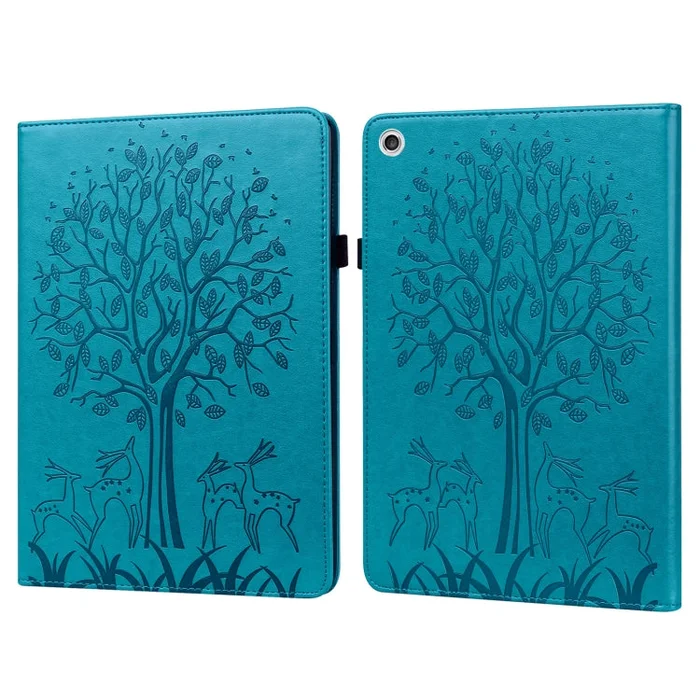 For Lenovo M10 Plus 3rd Gen 10.6 inch Tree & Deer Embossed Leather Tablet Case(Blue)