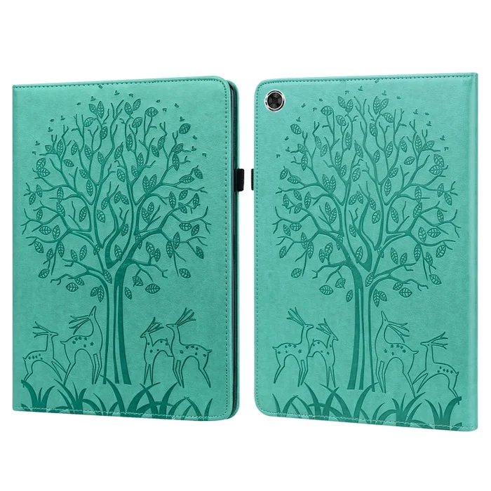 For Lenovo M10 Plus / M10 FHD REL Tree & Deer Pattern Pressed Printing Horizontal Flip PU Leather Case with Holder & Card Slots(Green)