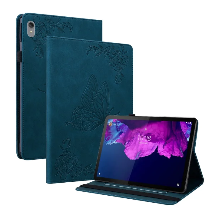 For Lenovo Tab P11 TB-J606F Butterfly Flower Embossed Leather Tablet Case(Blue)