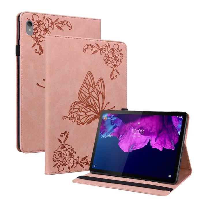 For Lenovo Tab P11 TB-J606F Butterfly Flower Embossed Leather Tablet Case(Rose Gold)