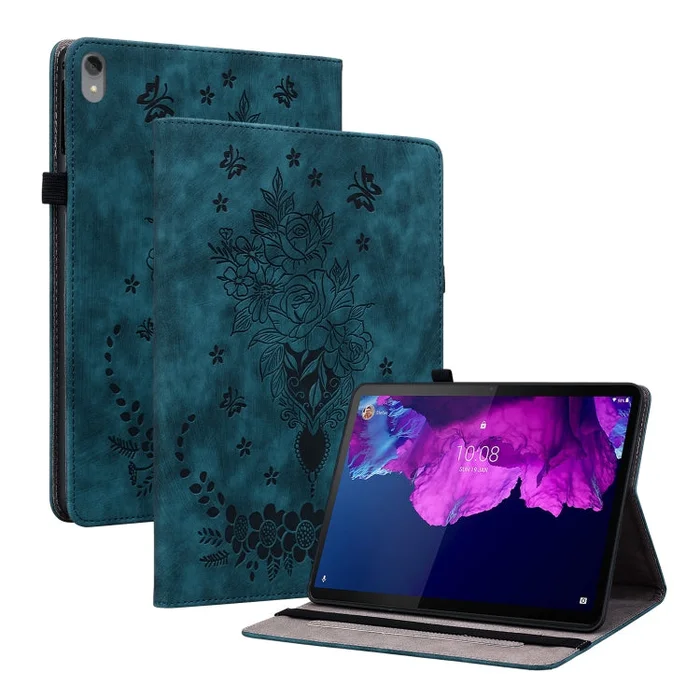 For Lenovo Tab P11 TB-J606F Butterfly Rose Embossed Leather Tablet Case(Dark Blue)