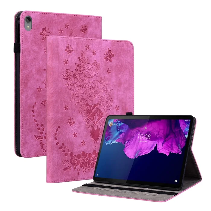 For Lenovo Tab P11 TB-J606F Butterfly Rose Embossed Leather Tablet Case(Rose Red)