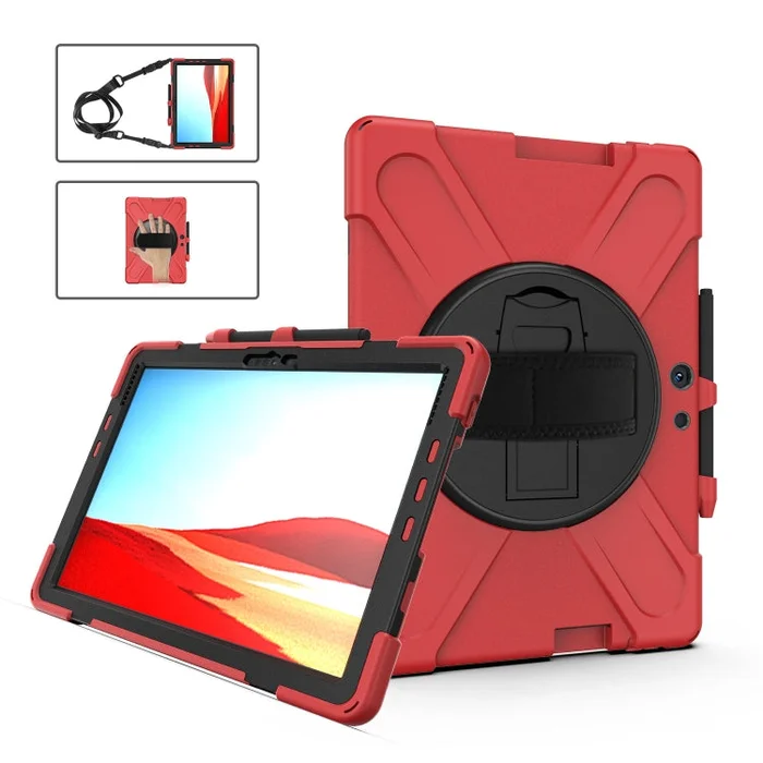 For Microsoft Surface Pro X / Pro X 2021 Shockproof Colorful Silicone + PC Protective Case with Holder & Hand Strap & Shoulder Strap & Pen Slot(Red)