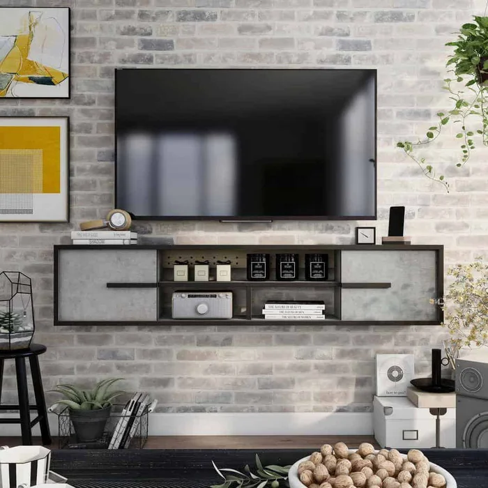 Furniture of America Nowlin 63 in. Faux Cement MDF Floating TV Stand with Sliding Doors Fits Up to 70 in TV