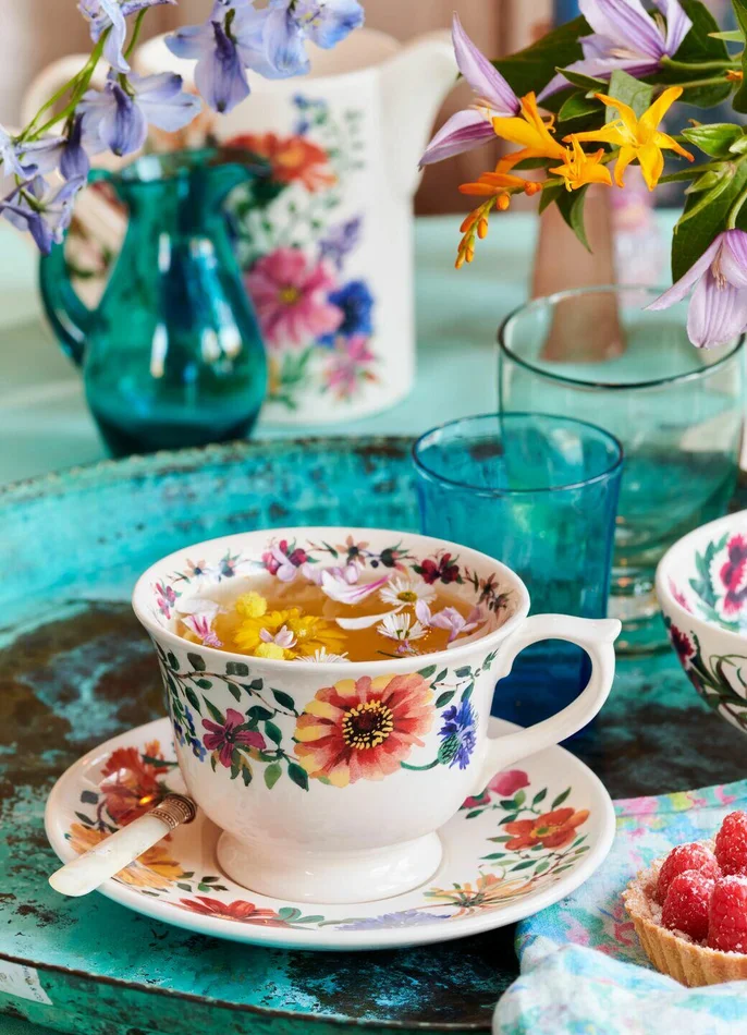 Garden Flowers Large Teacup & Saucer – Unique Handmade & Handpainted English Earthenware Vintage Style Teacup & Saucer