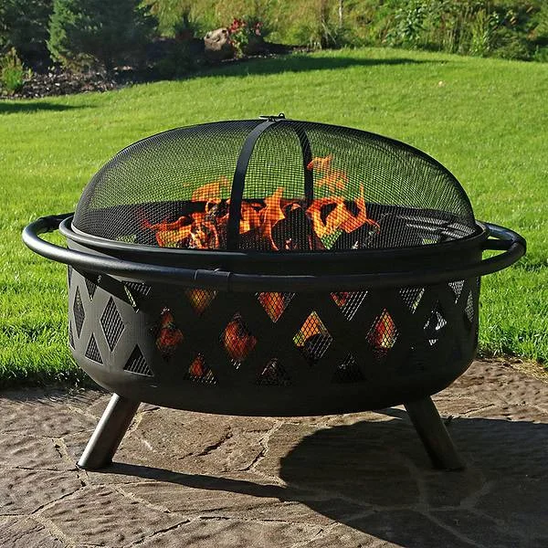 George Oliver Jahidul Crossweave 36″ Round Wood-Burning Steel Outdoor Fire Pit with Screen