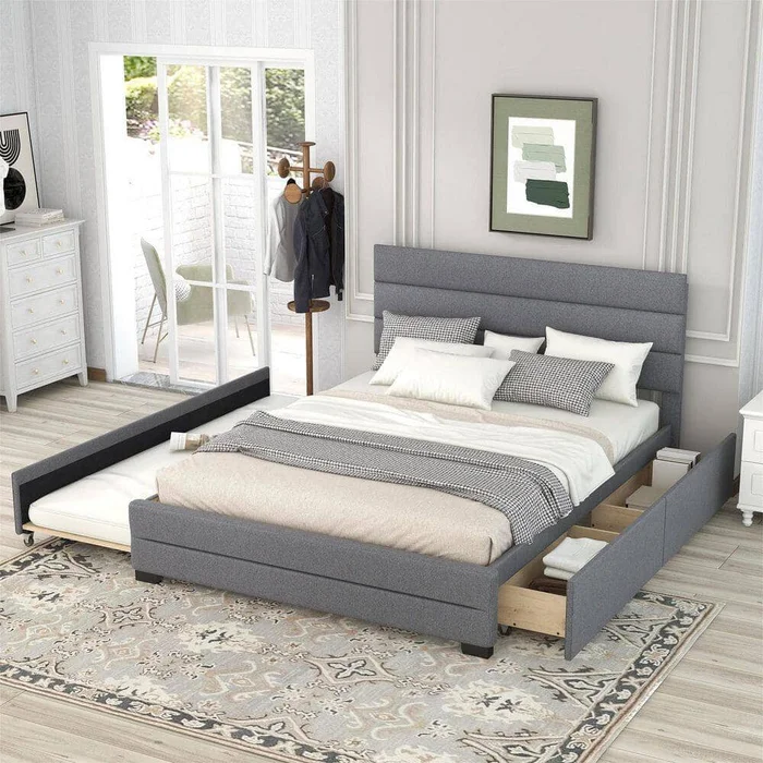 GODEER Gray Wood Frame Queen Upholstered Platform Bed with Trundle and 2-Drawers