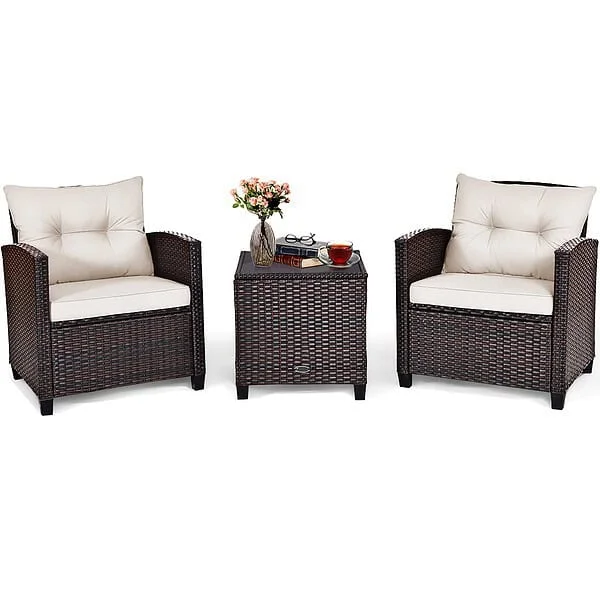 Goplus 3-Piece Rattan Patio Conversation Set with Off-white Cushions