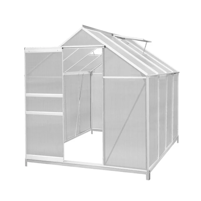 Greenhouse 6 x 8ft Aluminium Polycarbonate Steel Base Silver Weather Resistant Frame Support Bars Interchangeable Sliding Door 2 Roof Window Vents Walk In Gutter FREE W Clips
