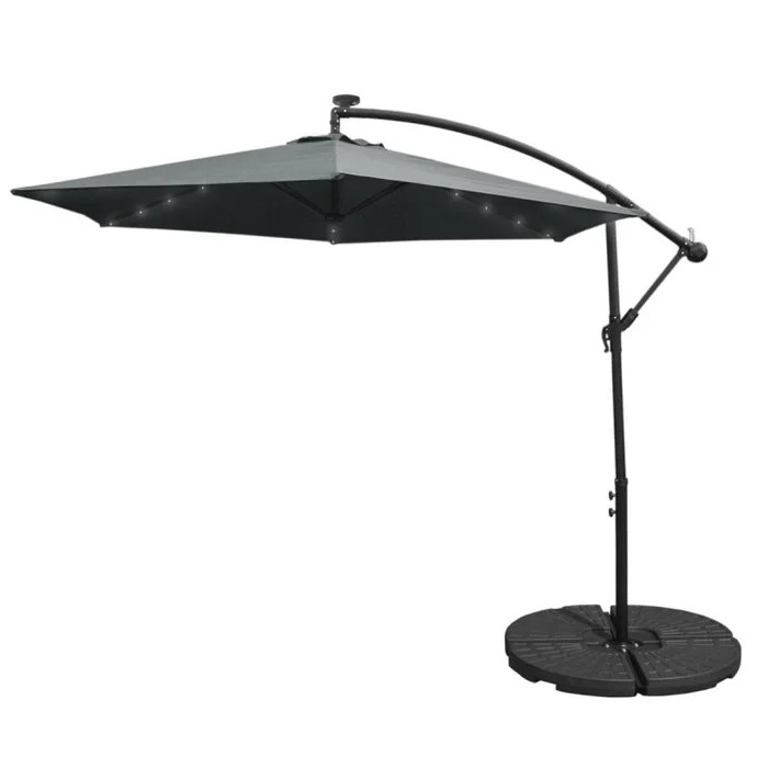 Grey LED Cantilever Parasol 3m Banana Hanging Umbrella Garden Sun Shade Canopy Patio 360 Rotation Tilt UV Protection Winding Crank 24 Solar Powered Cool White LED Lights Waterproof Rain Cover & Base