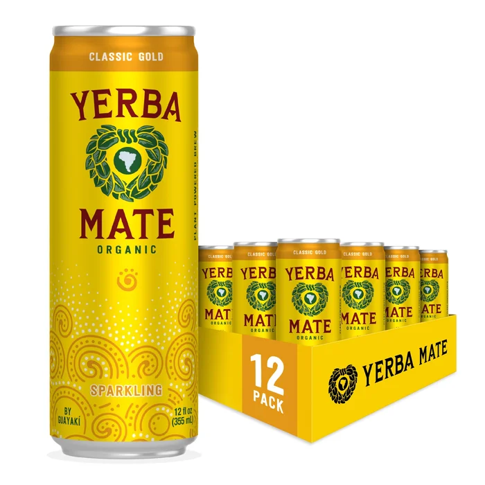 Guayakí Yerba Mate, Organic Sparkling Energy Drink Alternative, Classic Gold, 15.5 Oz (Pack of 12) (Packaging May Vary)