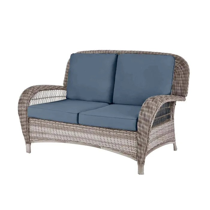 Hampton Bay Beacon Park Gray Wicker Outdoor Patio Loveseat with Sunbrella Denim Blue Cushions