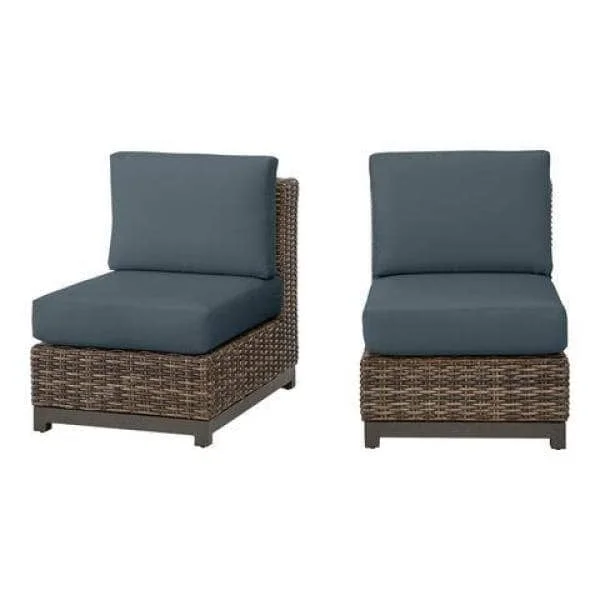 Hampton Bay Fernlake Taupe Wicker Armless Middle Outdoor Patio Sectional Chair with Sunbrella Denim Blue Cushions (2-Pack)