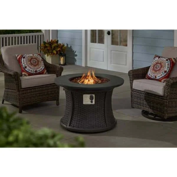 Hampton Bay FP58031-B 35.2 in. W x 24 in. H Round Wicker Finish Fire Table with Sintered Stone Tabletop
