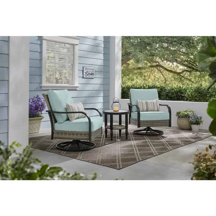 Hampton Bay Windswept 3-Piece Metal Outdoor Bistro Set with CushionGuard Seabreeze Cushions