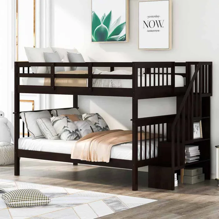 Harper & Bright Designs Dark Brown Full Over Full Wooden Bunk Bed with Storage Stairway