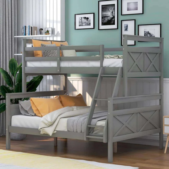 Harper & Bright Designs Gray Twin Over Full Wood Bunk Bed with Ladder