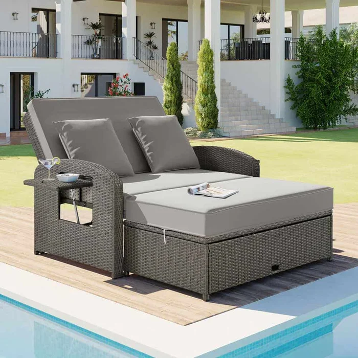 Harper & Bright Designs Gray Wicker Outdoor Chaise Lounge Reclining Daybed with 3-Height Adjustable Back, Protection Cover and Gray Cushions