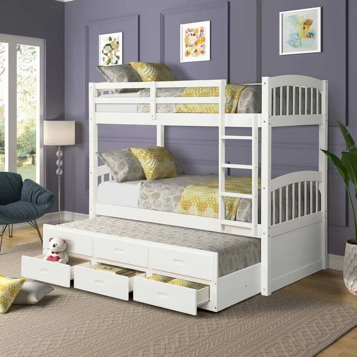 Harper & Bright Designs White Chamblee Twin over Twin Bunk Bed with Trundle and Drawers
