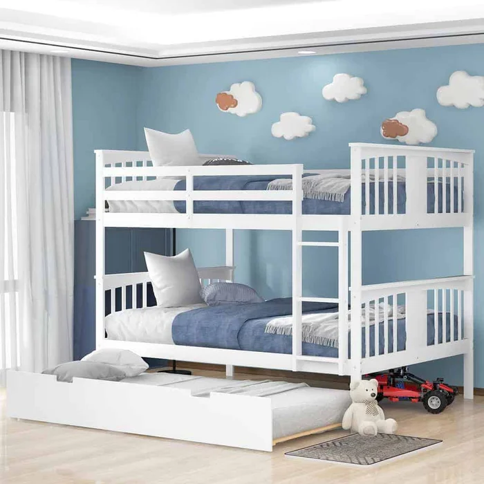 Harper & Bright Designs White Full Wood Bunk Bed with Twin Size Trundle and Ladder
