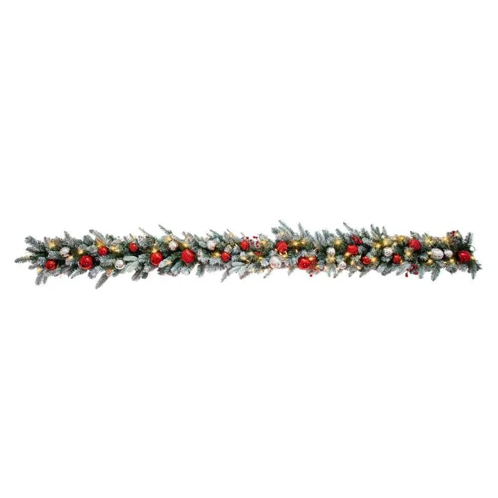 Haute Decor DCGR10801 9 ft. Pre-Lit LED Artificial Frosted Garland with Ornaments