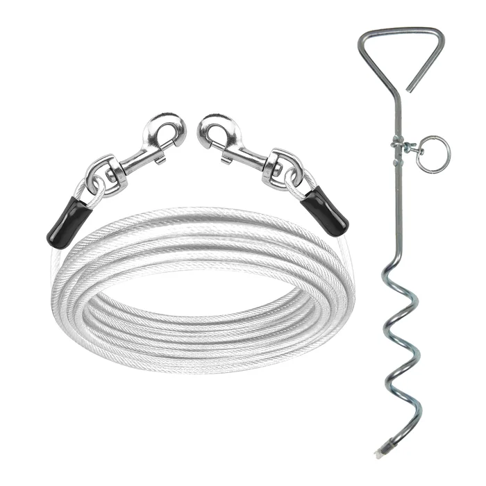 Heavy Duty 20ft Tie Out Dog Cable With Spiral Tie Out Stake Pet Living