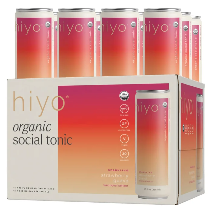 Hiyo Organic Social Tonic – Strawberry Guava, 12 Pack – N.A. Functional Seltzer, Sparkling Water Crafted with Organic Adaptogens