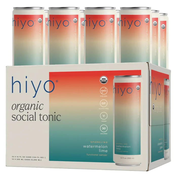 Hiyo Organic Social Tonic – Watermelon Lime, 12 Pack – N.A. Functional Seltzer, Sparkling Water Crafted with Organic Adaptogens