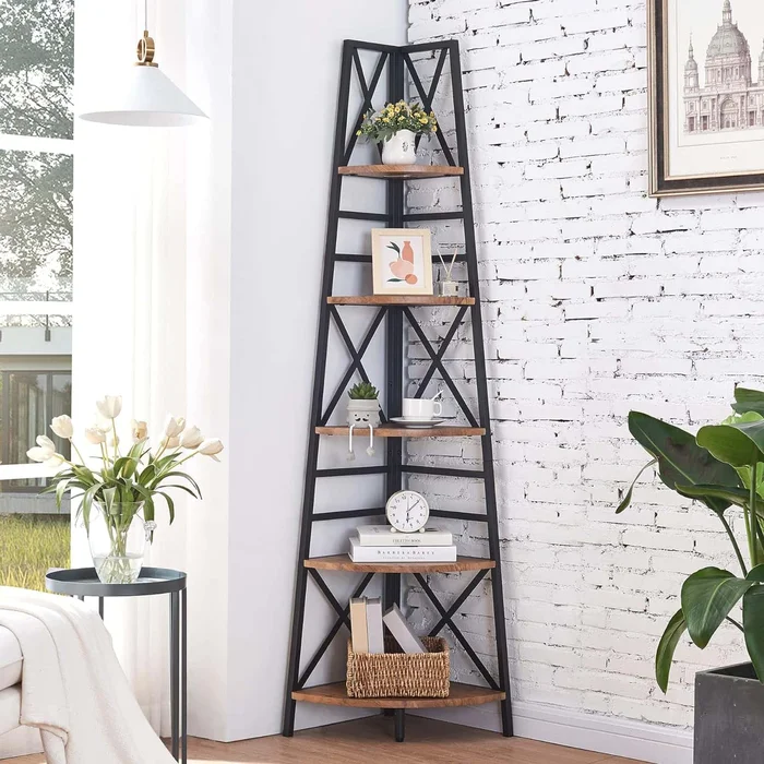 HOMBAZAAR 5-Tier Industrial Corner Bookshelf, Vintage Wood Look Accent, Rustic Brown Finish
