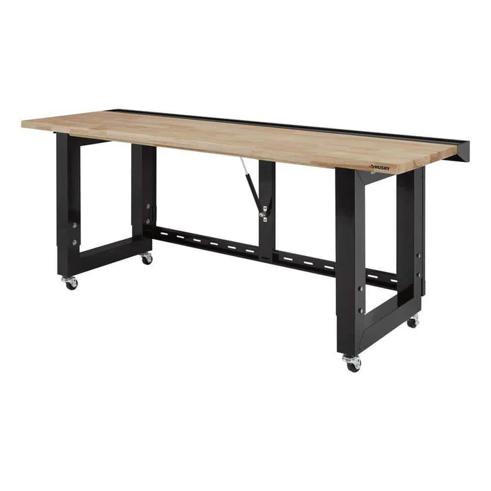 Husky G7200FW-US Ready-To-Assemble 6 ft. Folding Adjustable Height Solid Wood Top Workbench in Black