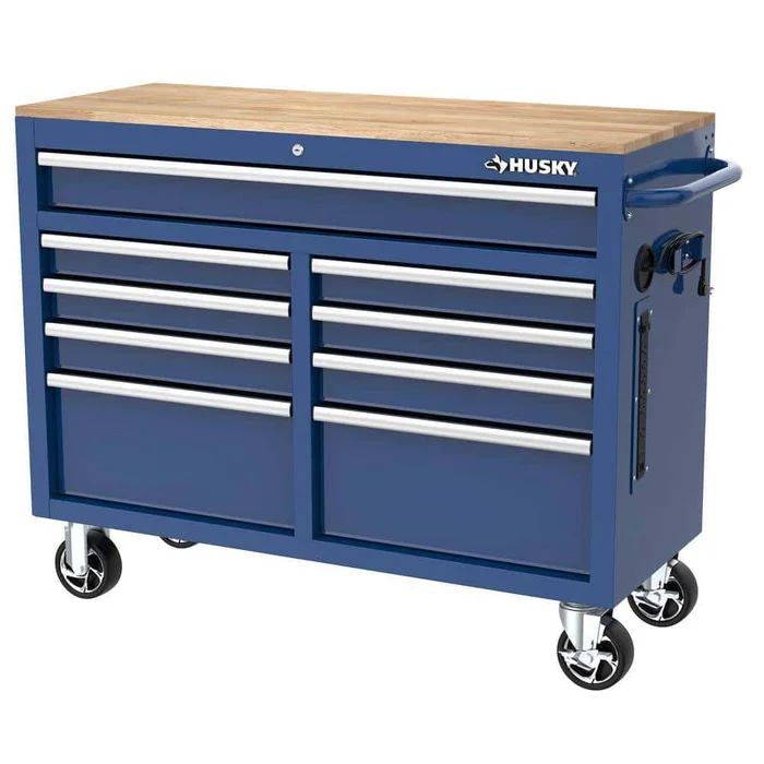 Husky H46X18MWC9BLU 46 in. W x 18 in. D 9-Drawer Gloss Blue Mobile Workbench Cabinet with Solid Wood Top