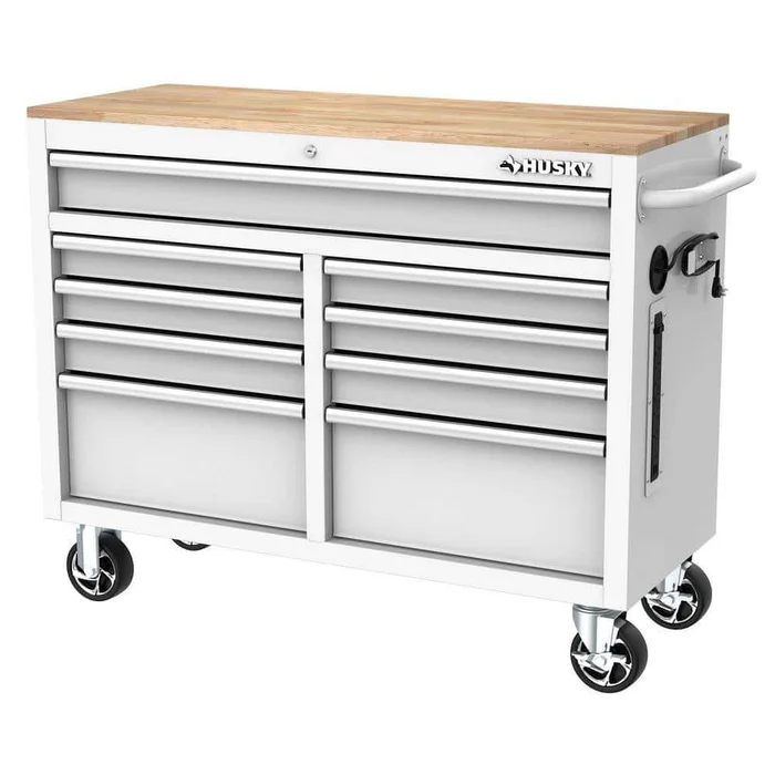 Husky H46X18MWC9WHT 46 in. W x 18 in. D 9-Drawer Gloss White Mobile Workbench Cabinet with Solid Wood Top