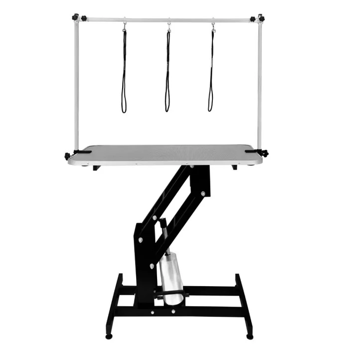 Hydraulic Pet Dog Grooming Table Lift Height Adjustable H Bar 180kg Weight Capacity Large 106cm x 61cm Grey Rubber Top Professional Heavy Duty Steel Black Frame 4 Adaptable Stable Feet 3 Loop Leashes