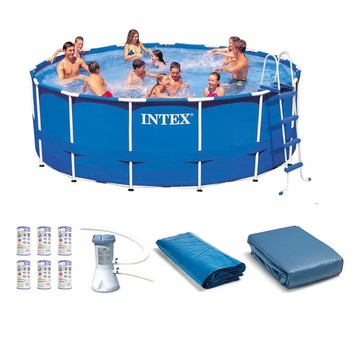 Intex 15-Feet x 15-Feet x 48-Inches Metal frame Round Above-Ground Pool with Filter Pump, Ground Cloth, Pool Cover, Ladder
