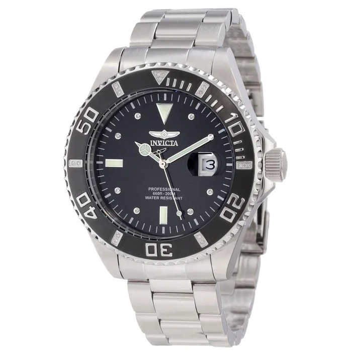 Invicta 12817 Men’s Pro Diver Black Dial Steel Bracelet Diamond Accented Dive Watch