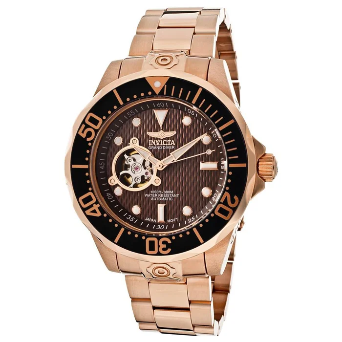 Invicta 13713 Men’s Grand Diver Automatic Open Heart Brown Dial Rose Gold Steel Bracelet Dive Watch