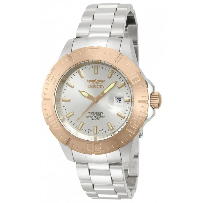 Invicta 14049 Men’s Pro Diver Rose Gold Bezel Silver Dial Steel Bracelet Dive Watch