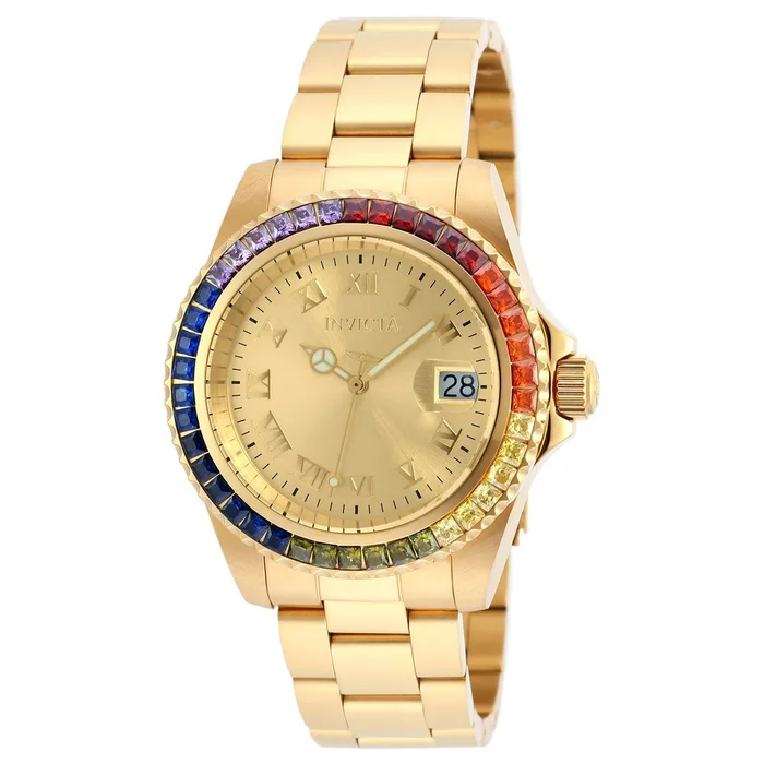 Invicta 20022 Women’s Angel Crystal Accented Bezel Gold Dial Yellow Gold Steel Bracelet Dive Watch