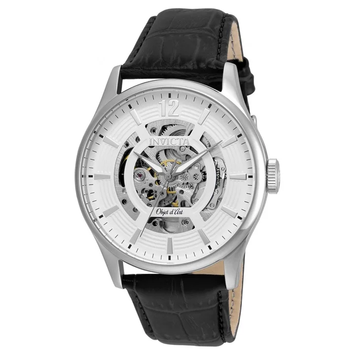 Invicta 22594 Men’s Objet D Art White & Silver Skeleton Dial Black Leather Strap Automatic Watch