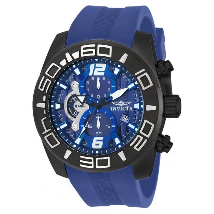 Invicta 22812 Men’s Pro Diver Blue Dial Black IP Steel Blue Silicone Strap Chronograph Watch