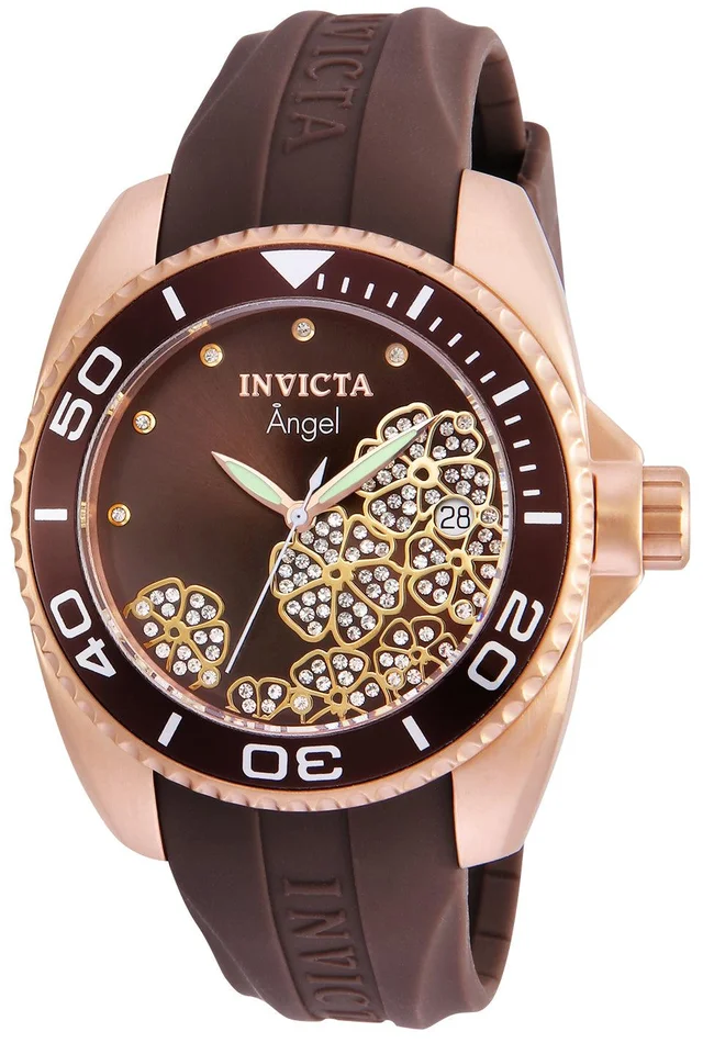 Invicta 23489 Women’s Angel Crystal Accented Brown Dial Brown Silicone Strap Watch
