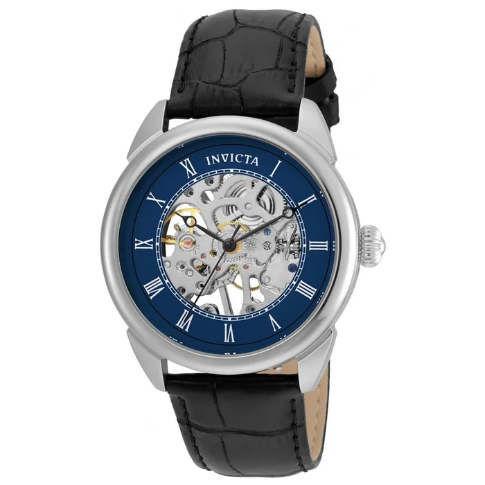 Invicta 23534 Men’s Specialty Blue & Silver Semi-Skeleton Dial Black Leather Strap Mechanical Watch