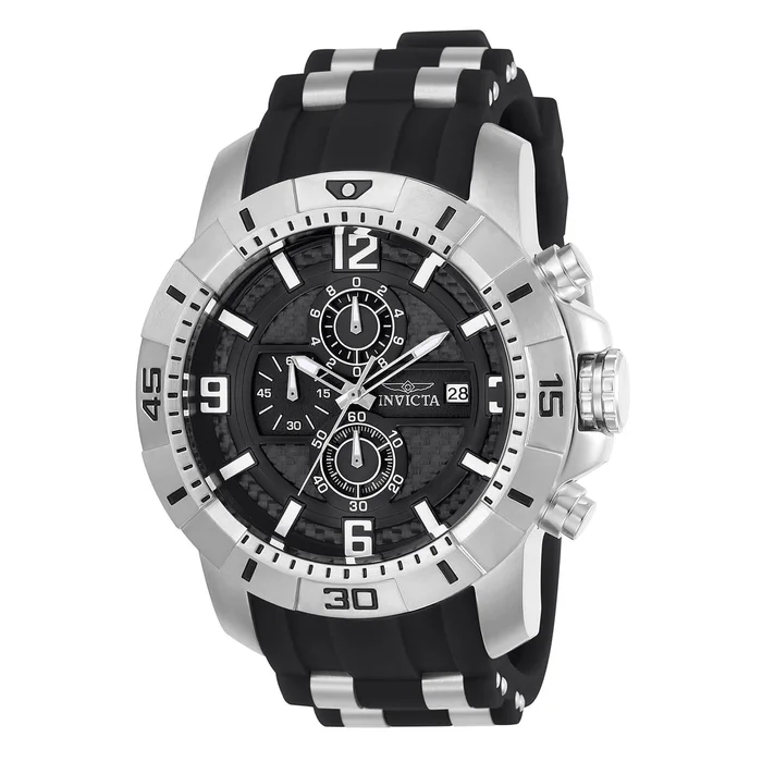 Invicta 24962 Men’s Pro Diver Chrono Black Carbon Fiber Dial Steel & Black Silicone Strap Watch