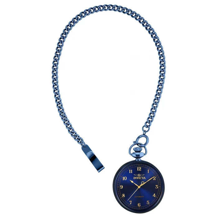 Invicta Men’s Automatic Pocket Watch – Vintage Blue Dial Stainless Steel Chain | 34453
