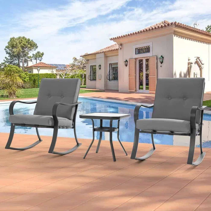 JOYESERY 3-Piece Patio Bistro Set Steel Frame Rocking Chair With Sponge Grey Cushions and Tempered glass table