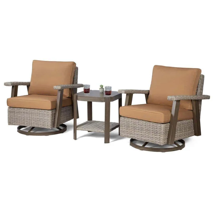 JOYSIDE 3-Piece Wicker Patio Swivel Rocking Chair Conversation Set with Tan Cushions