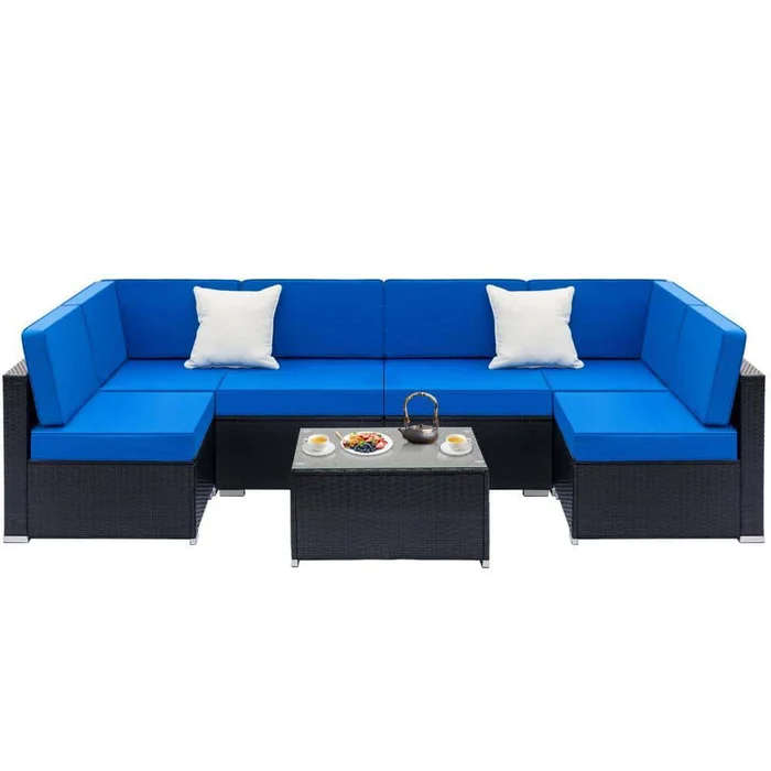 Karl home Black 7-Piece Wicker Outdoor Sectional Set with Blue Cushions