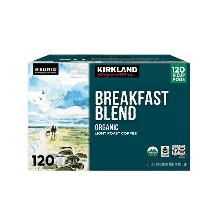 Kirkland Signature Organic Breakfast Blend Light-Roast Coffee, K-Cup Pods, 120 Count