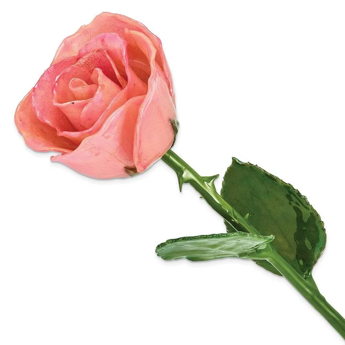 Lacquer Dipped Natural Pink Rose w/Green Leaves & Stem
